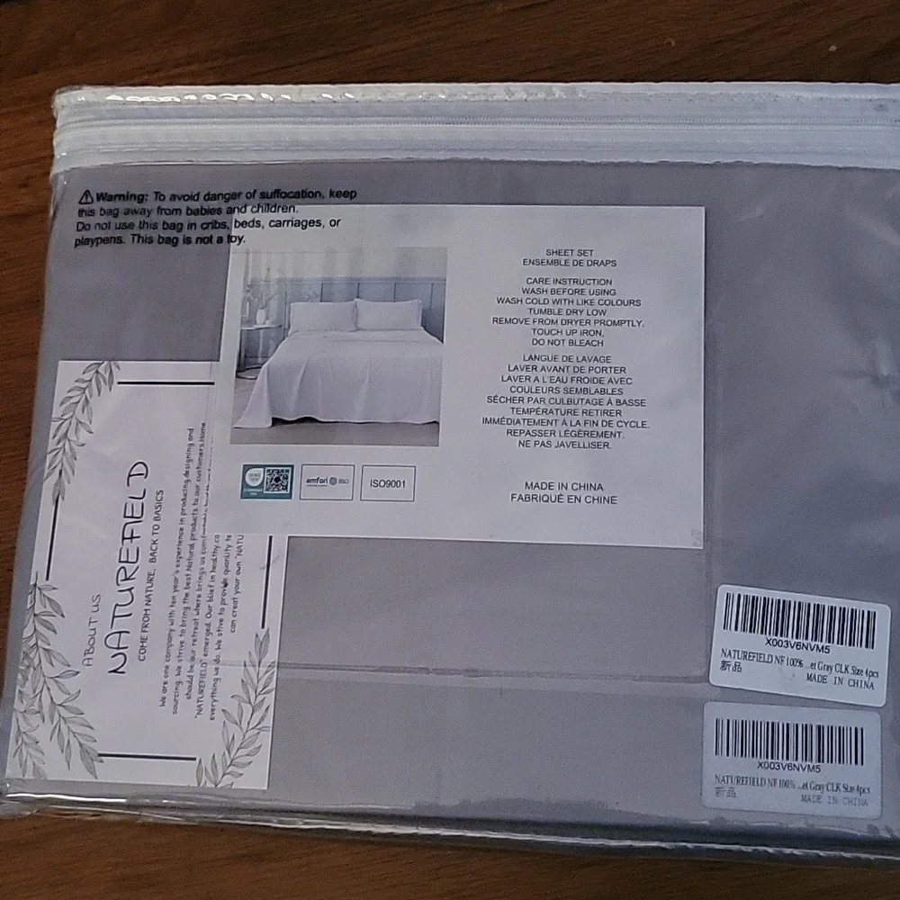 Naturefield light gray cooling bamboo sheet 4pc set soft breathable Cal King New